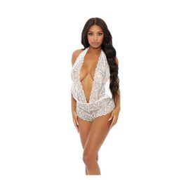 Sheer Lace Deep V Halter Bodysuit w/Open Crotch White